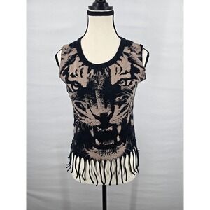Abbey Dawn Avril Lavigne Tiger Face Fringe Tank Top Black Tan Small Junior